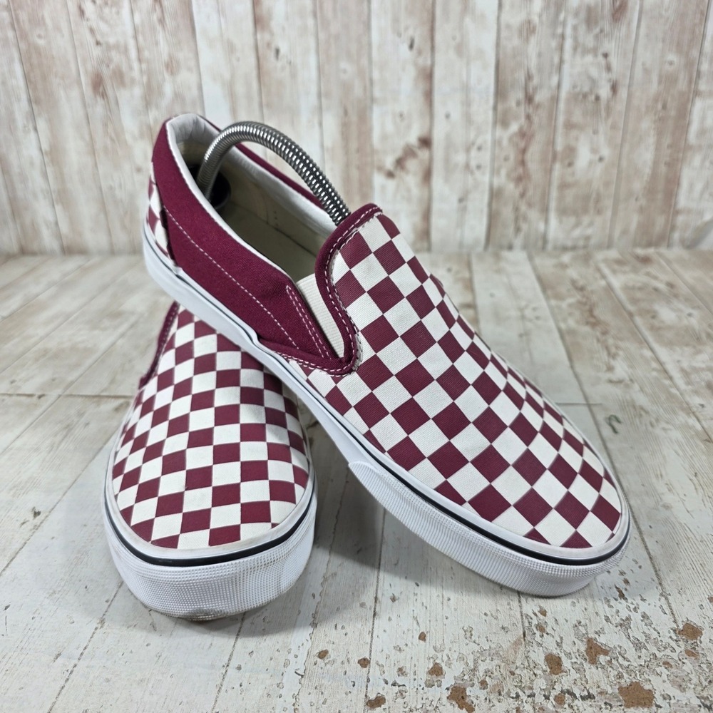 Vans Classic Slip-On Burgundy White Checkerboard Canvas Skate Shoes Mens 10 - Picture 6 of 8